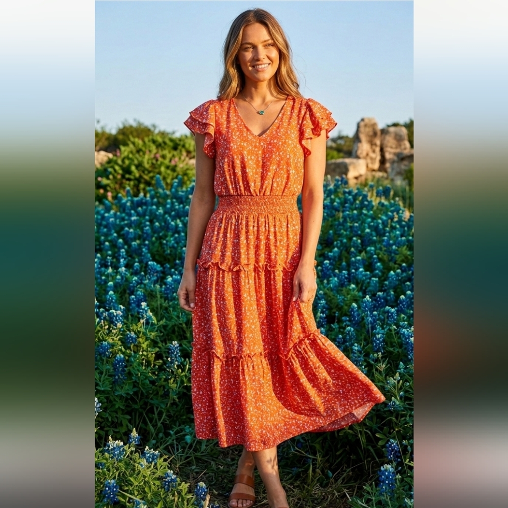 Jessica Simpson Vibrant Orange Blue Bell Floral Tiered Ruffle Dress Short Sleeve